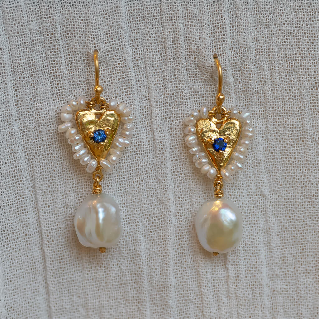 Heart Halo Sapphire and Pearl Drop Earrings