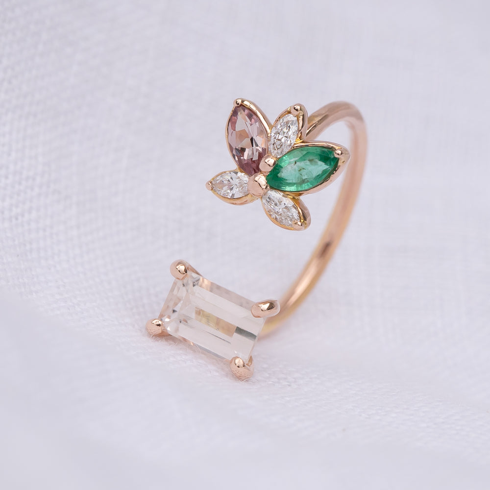 Custom cut Katlang topaz, Malaya garnet and Zambian emerald, laboratory grown diamonds, 18ct rose gold.